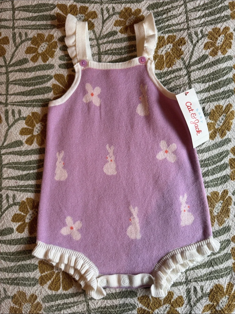 Cat & Jack Lavender Bunny Knit Romper with Cream Ruffle Trim